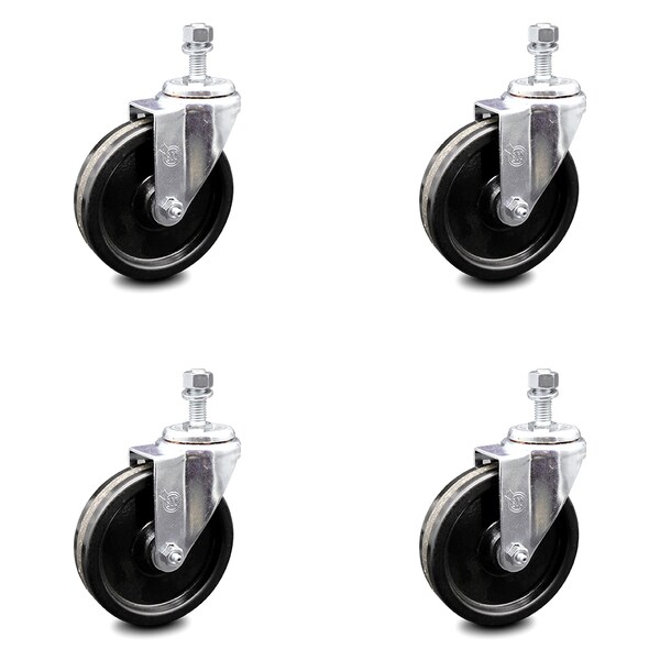 5 Inch Phenolic Wheel Swivel 12mm Threaded Stem Caster Set